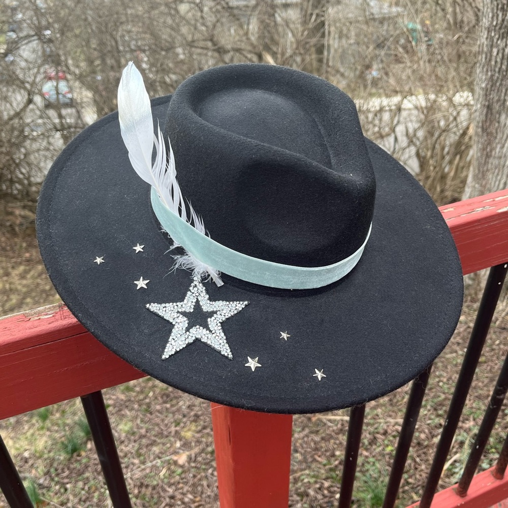 Black & Silver Cowgirl Hat w. Pale Blue Velvet Ribbon